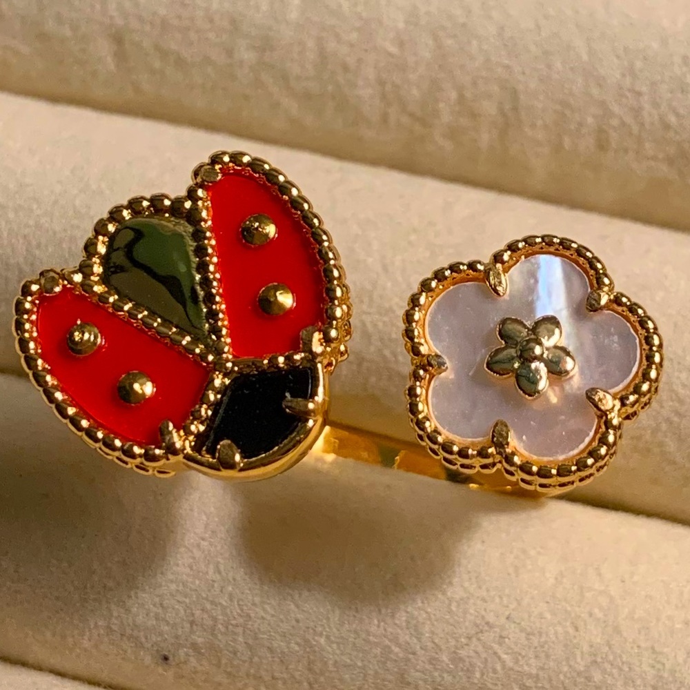 18 K gold Ring of mother of pearl butterfly $ flower adjustable Ring - Picture 7 of 15